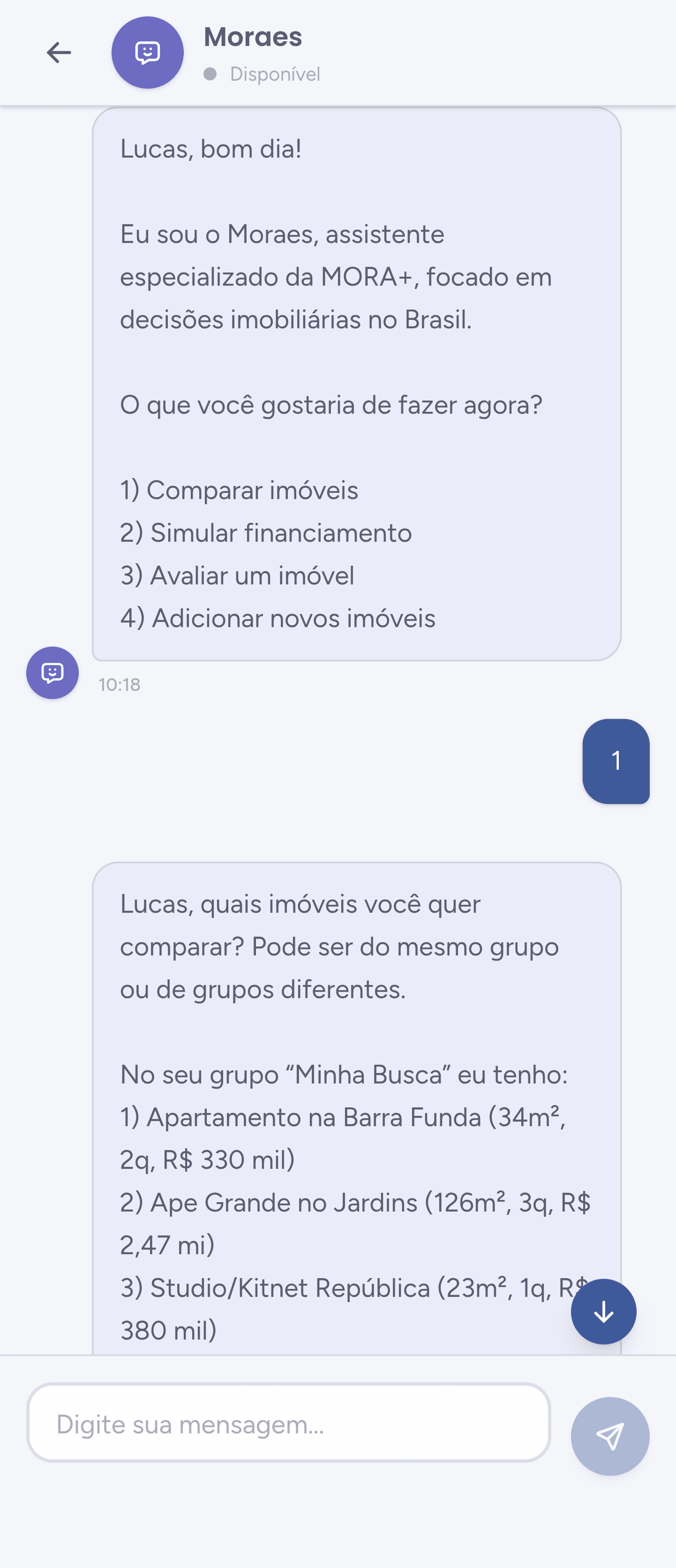 Tela de chat do app MORA+
