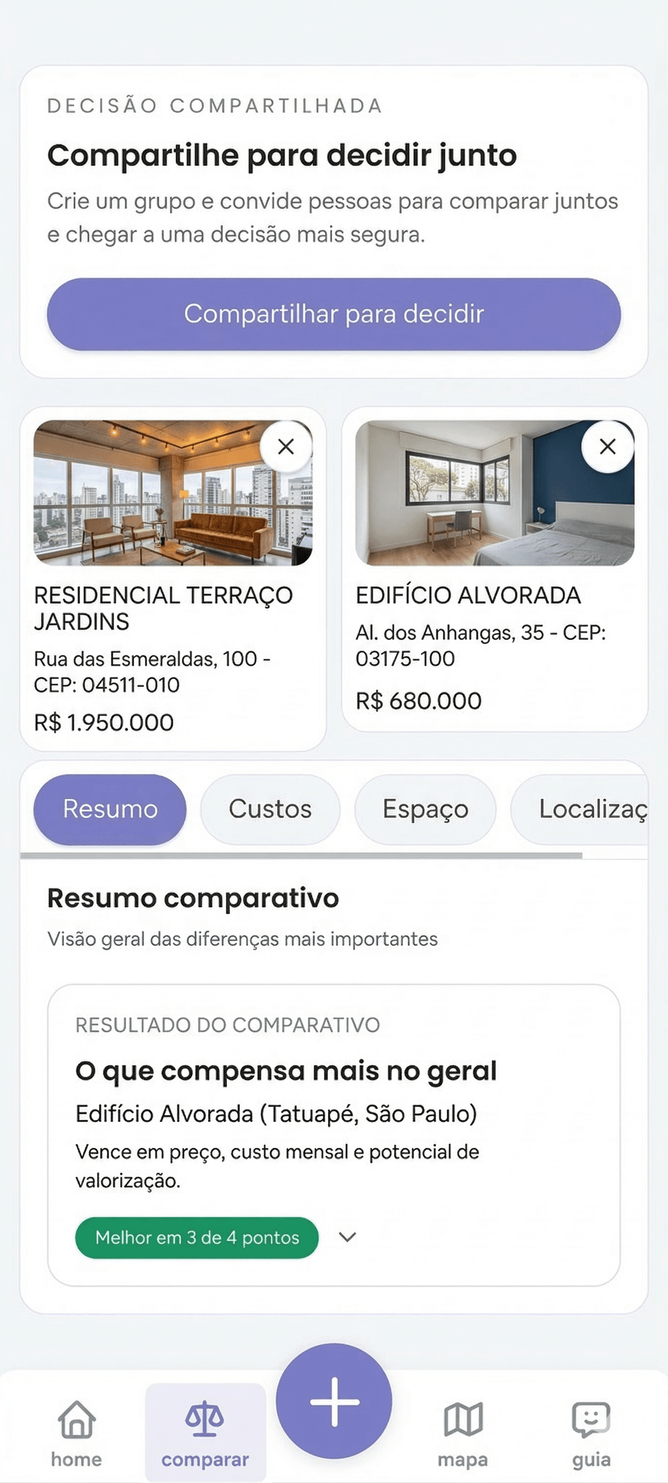 Tela de comparação de imóveis no app MORA+