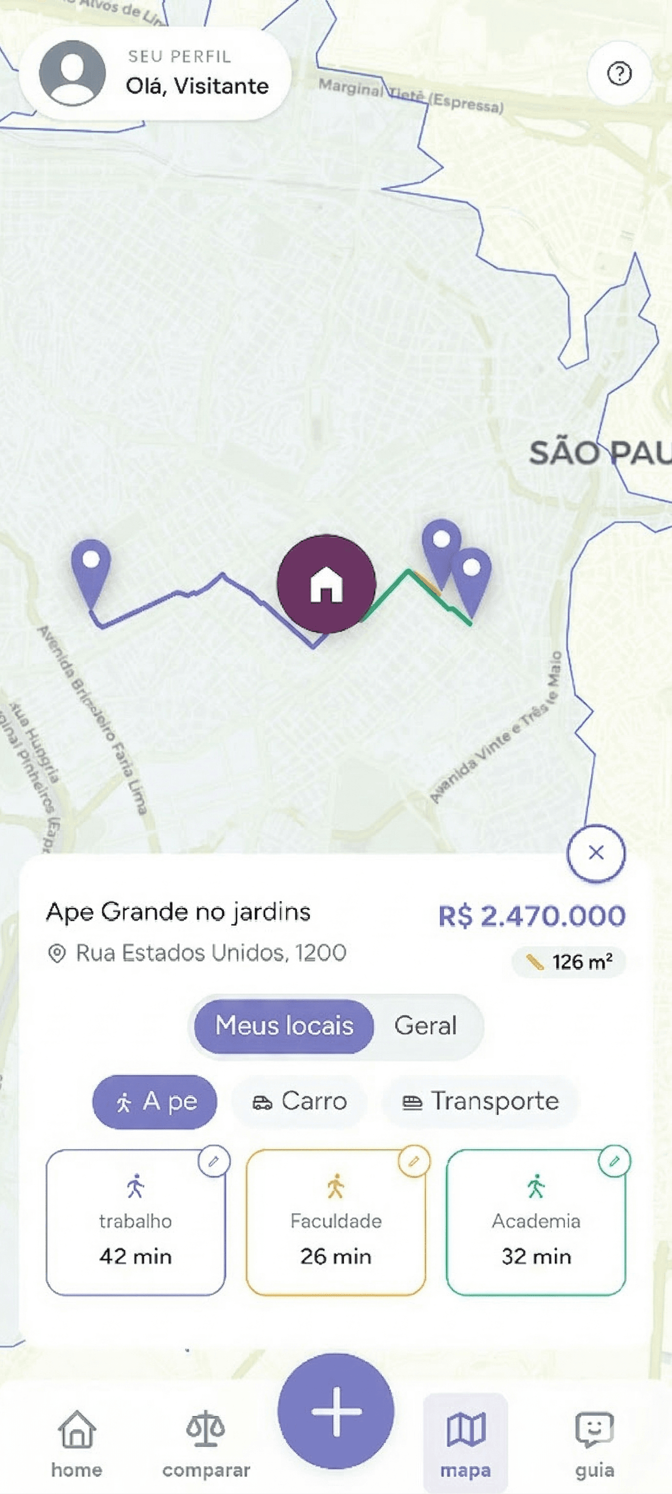 Tela de mapa com pontos de interesse no app MORA+